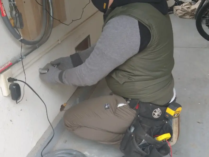 Electrician performing outlet wiring in a Avondale garage